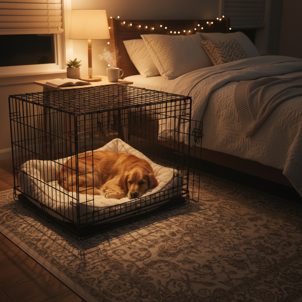 crate training dog at night